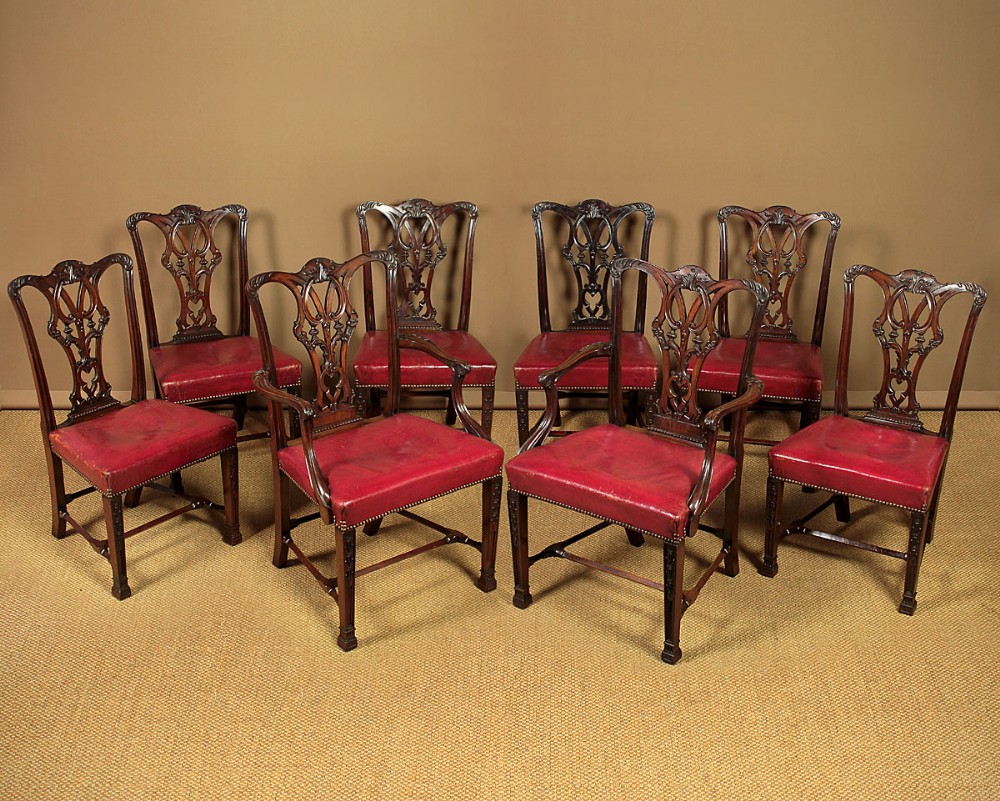 Set Eight Late 19th.c. Chippendale Style Mahogany Dining Chairs c.1890.