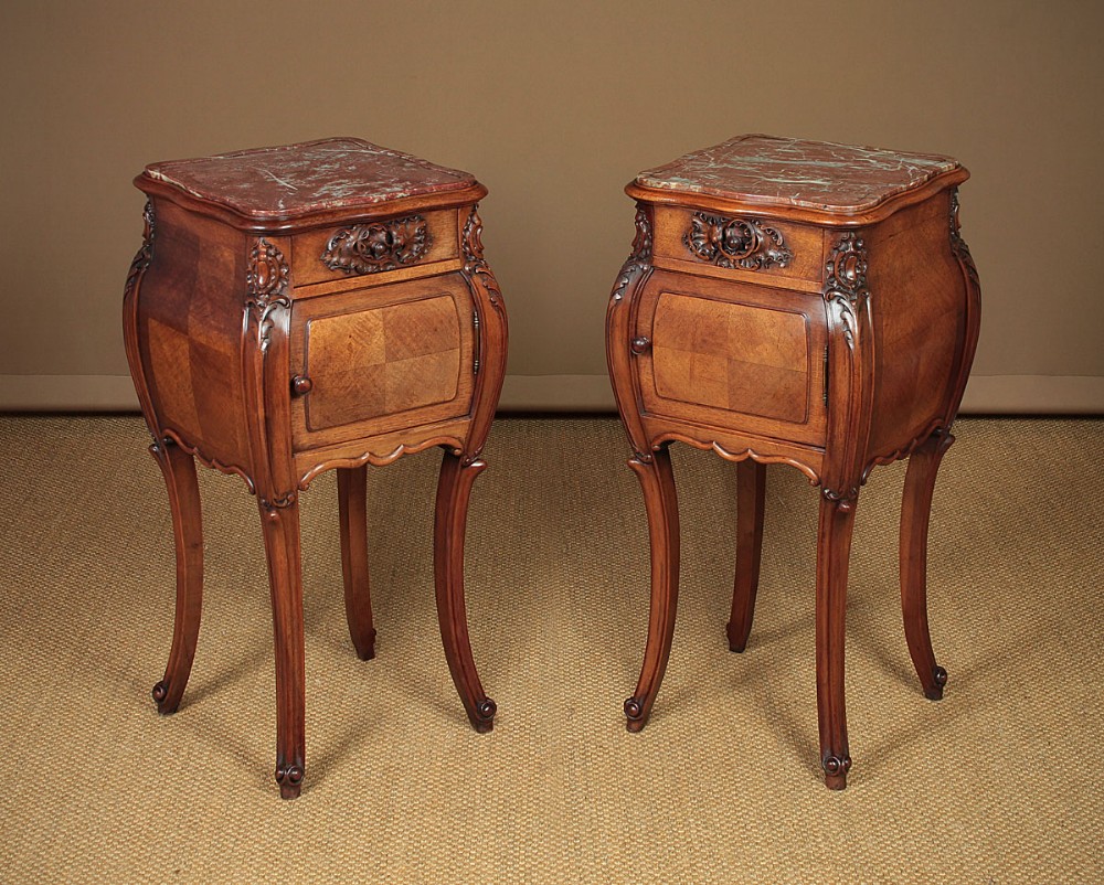 Pair French Walnut & Marble Top Side Cabinets c.1890.