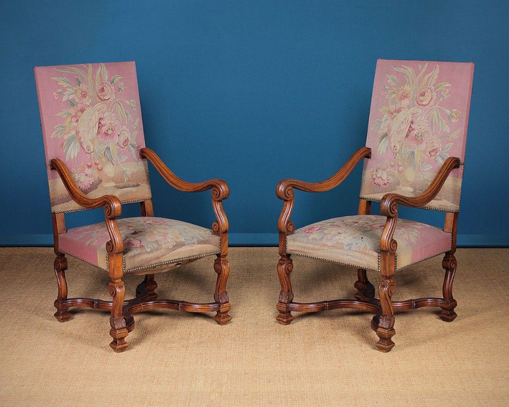 Pair Large Walnut High Back Open Armchairs with Tapestry Covers c.1920.