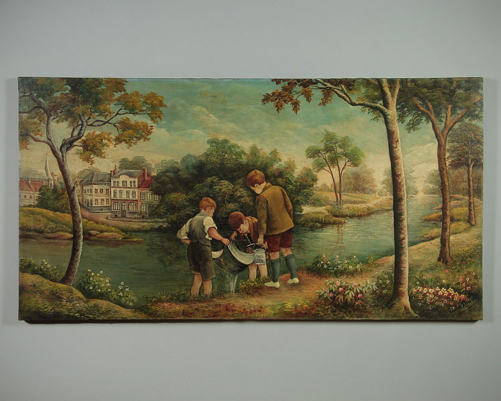 Large Early 20th.c. Oil Painting of Boys Fishing.