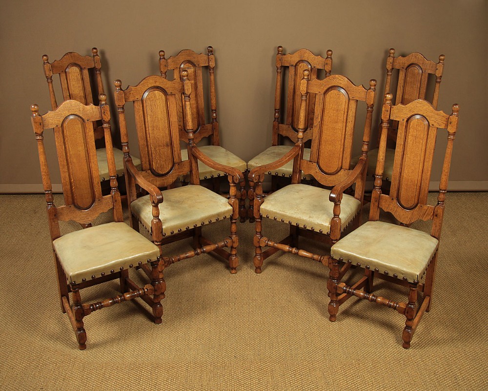 Set Eight William & Mary Style Oak & Leather Dining Chairs c.1930.