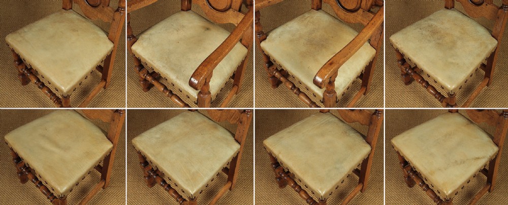 Set Eight William & Mary Style Oak & Leather Dining Chairs c.1930. View IX