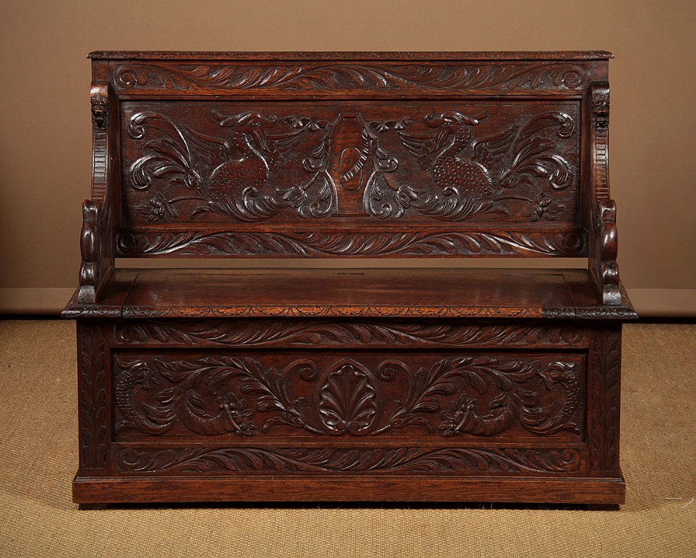 Carved Oak Box Settle c.1910.