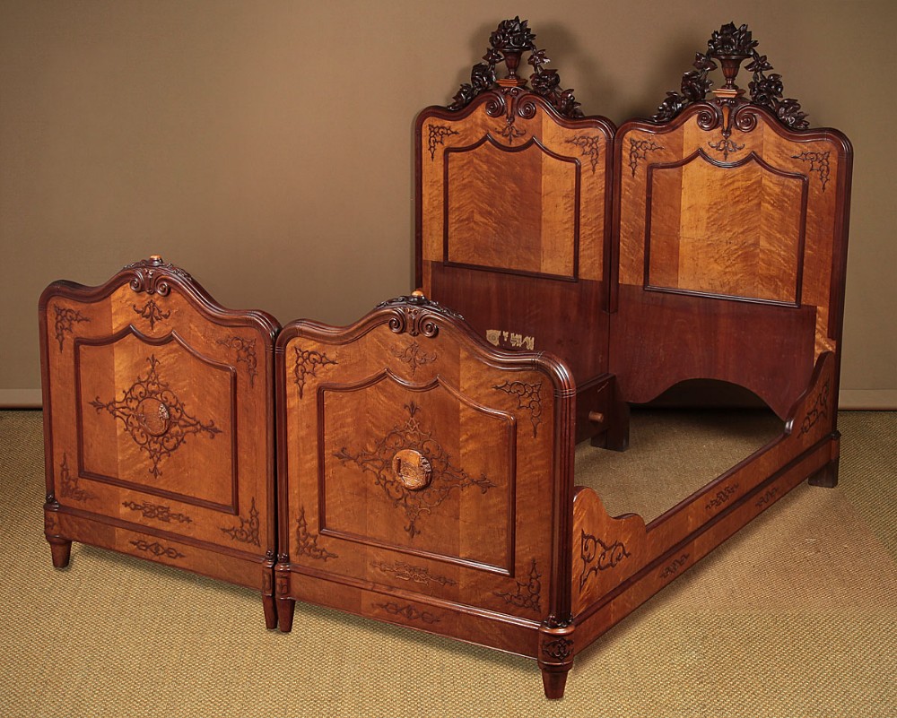19th.c. Italian Kingsize Satin Birch & Mahogany Double Bed or Pair of Singles c.1875.