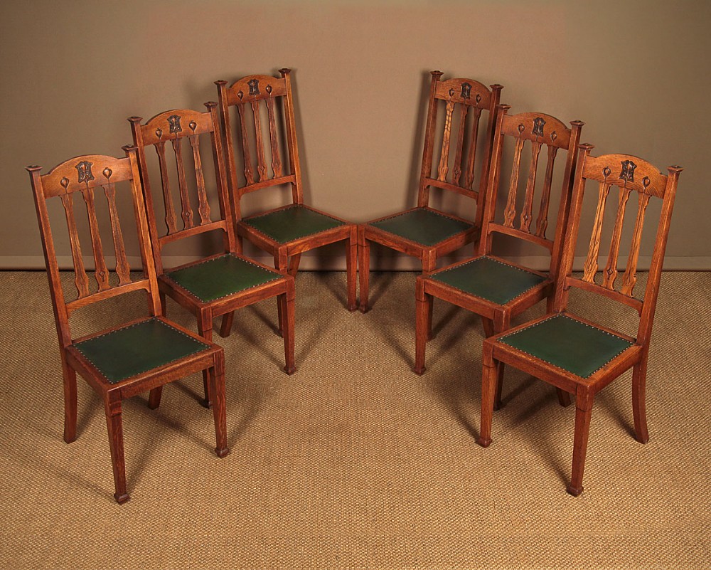 Six Arts & Crafts Oak Dining Chairs c.1900.
