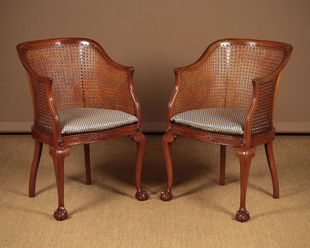 Pair Early 20th.c. Mahogany & Bergere Tub Armchairs c.1920. 