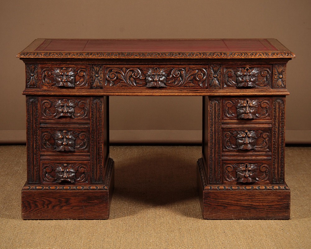 Carved Oak Pedestal Desk c.1890