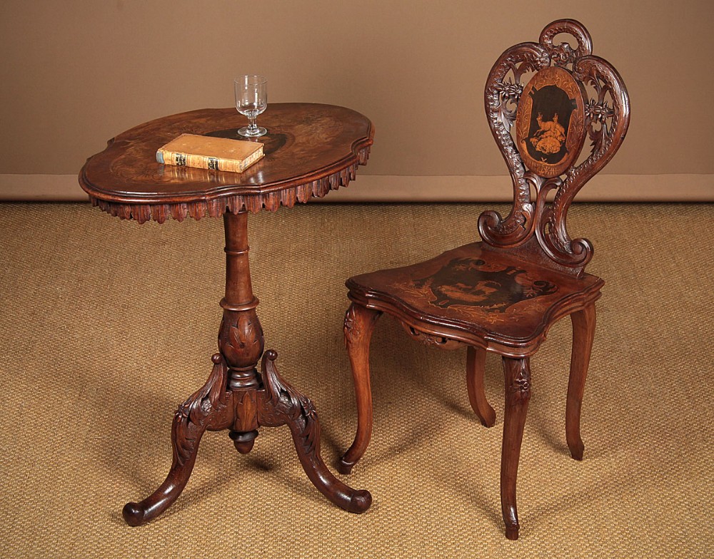 19th.c. Inlaid Walnut Tripod Wine Table & Side Chair c.1890.
