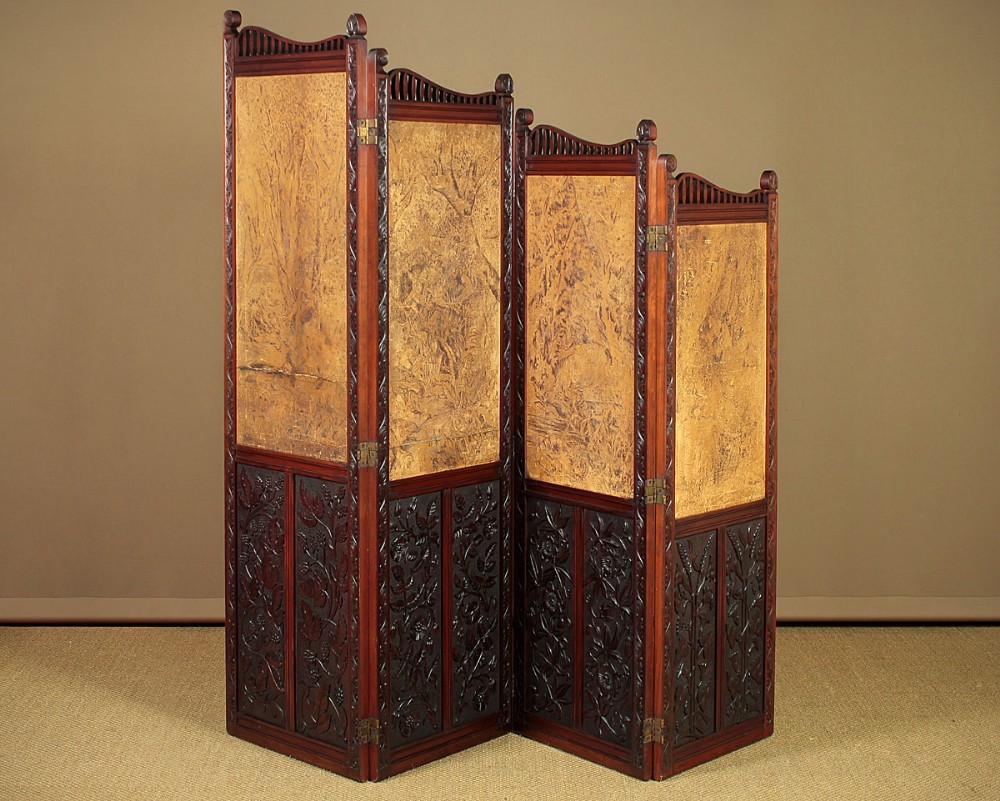 Walnut Arts & Crafts Screen with Original Leather Fairy Folk Panels c.1890.