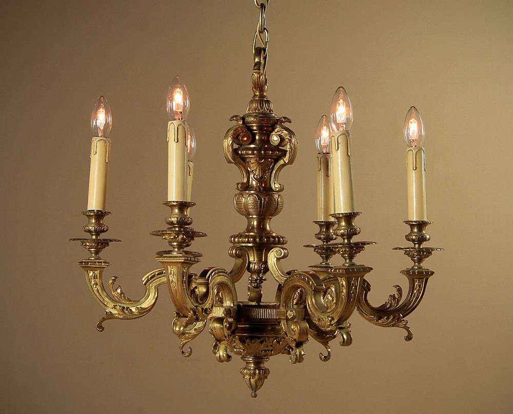 Six Branch Brass Chandelier c.1930.