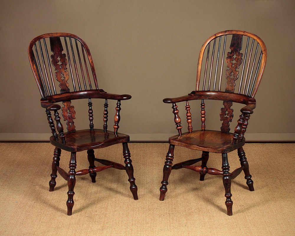 Pair of Yew Wood Broad Arm Windsor Armchairs c.1840. 