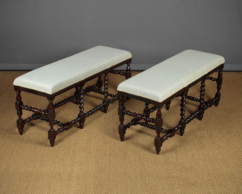 Pair of Long Upholstered Oak Stools c.1920.