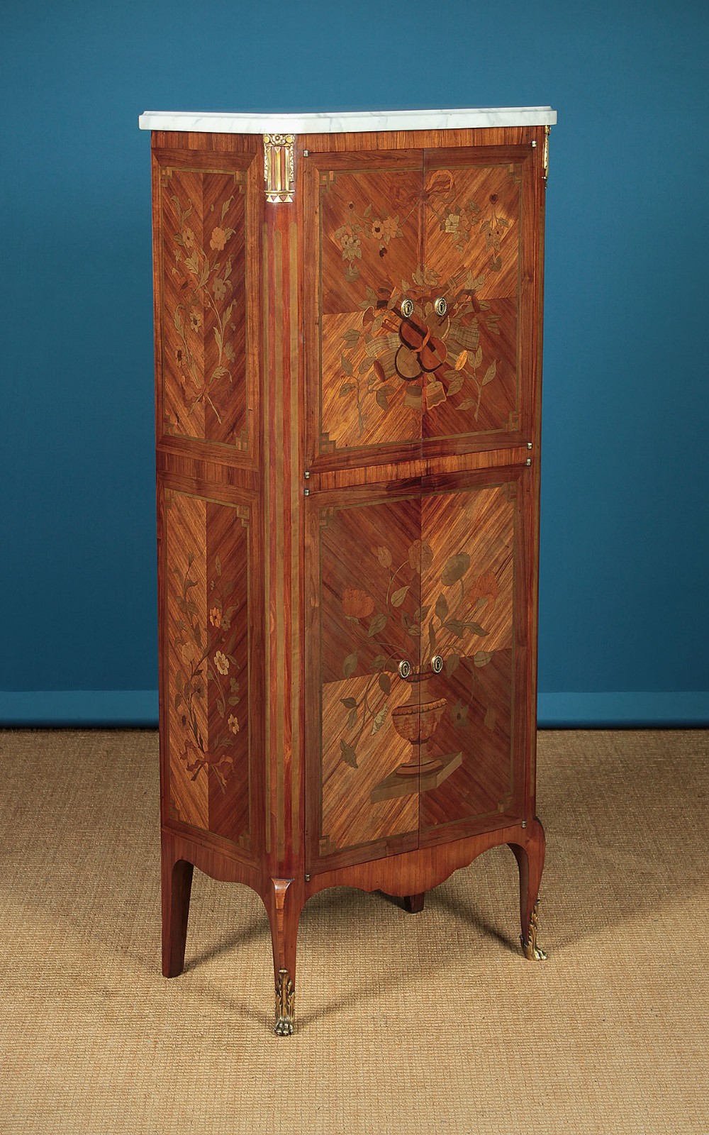 Narrow Marble Top Marquetry Inlaid Side Cabinet c.1930.