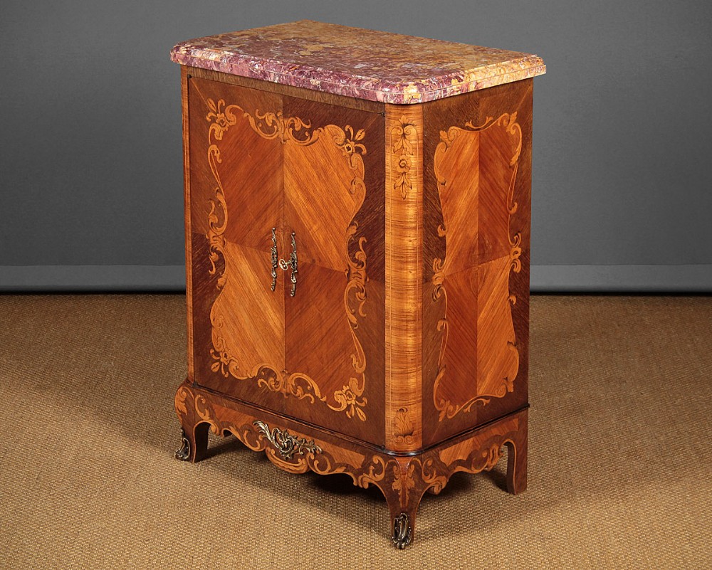 Small Marble Top Marquetry Inlaid Side Cabinet c.1930.