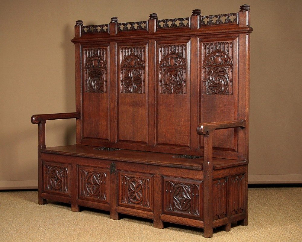 Large Gothic Carved Oak Box Settle c.1920.