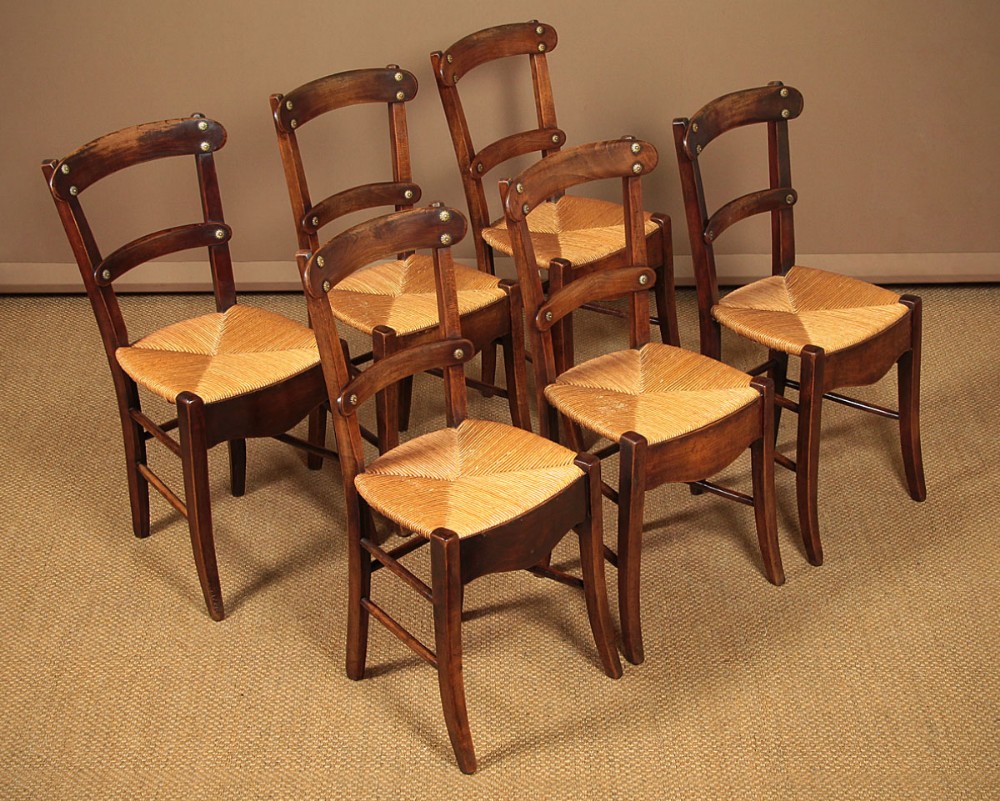 Set of Six Small Fruitwood & Rush Seat Dining Chairs c.1850.