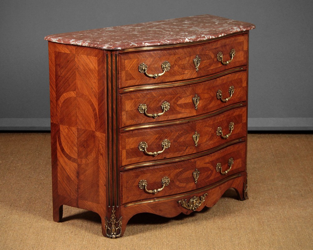 Brass Mounted Marble Top Parquetry Chest of Drawers c.1910.