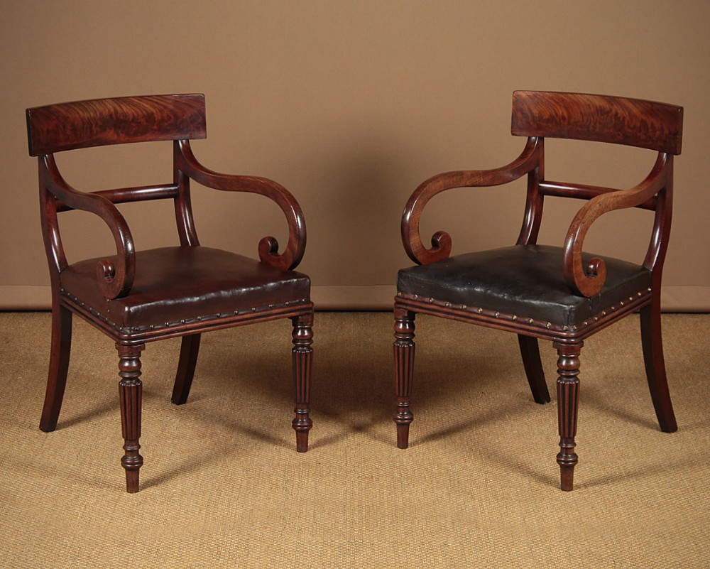 Pair Regency Era Mahogany Scroll Arm Armchairs c.1830.