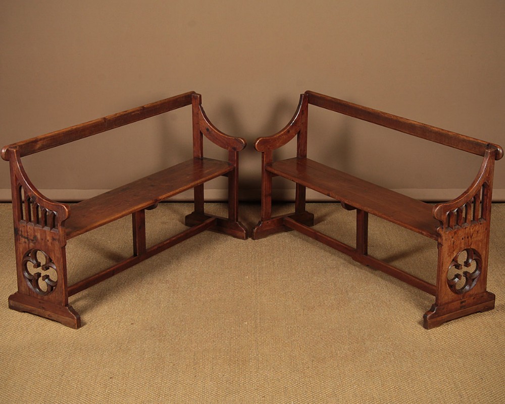 Pair 19th.c. Pitch Pine Gothic Benches c.1880.