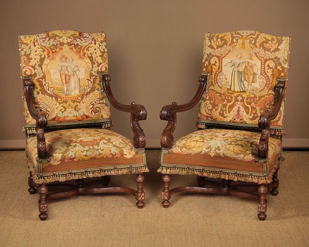 Pair Carved Walnut Armchairs with Tapestry Covers c.1920.