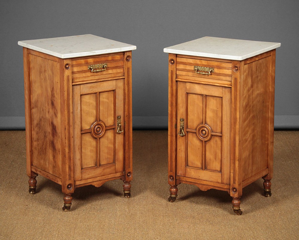 Pair of Marble Top Satinwood Bedside Cabinets c.1880.