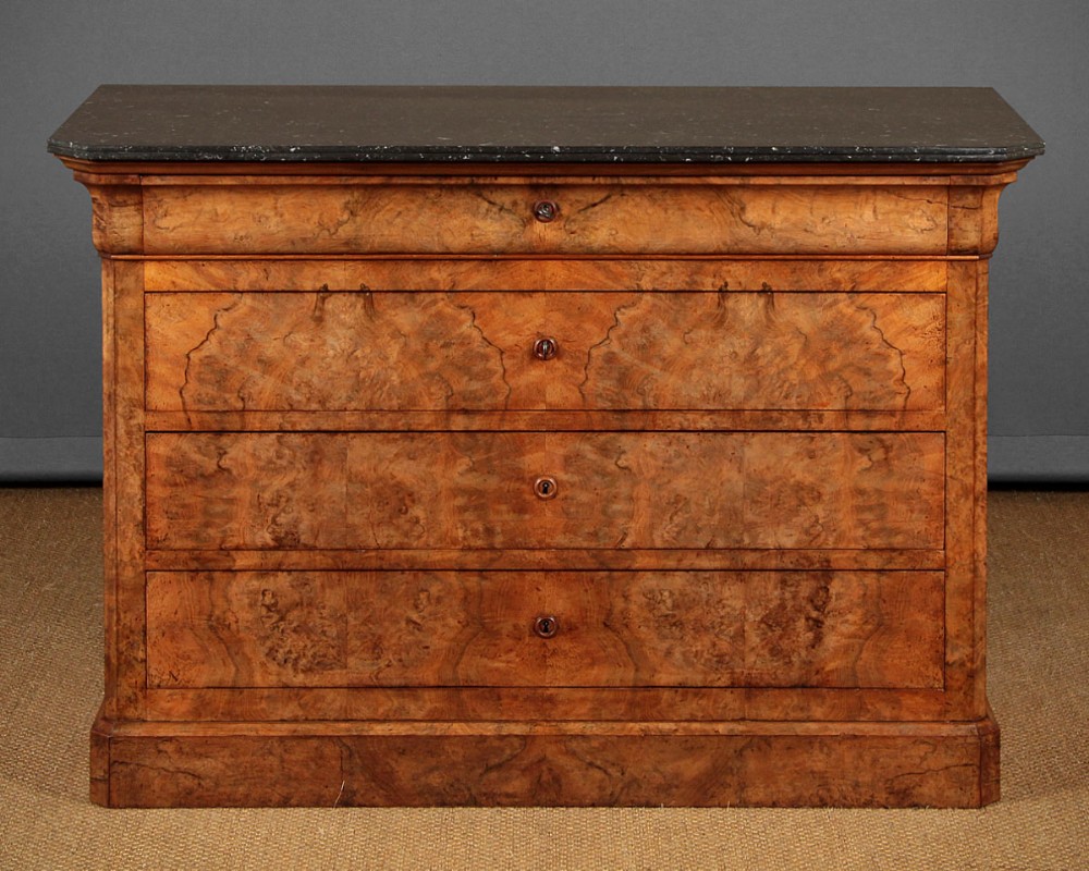 French Burr Walnut & Marble Top Chest of Drawers c.1860.