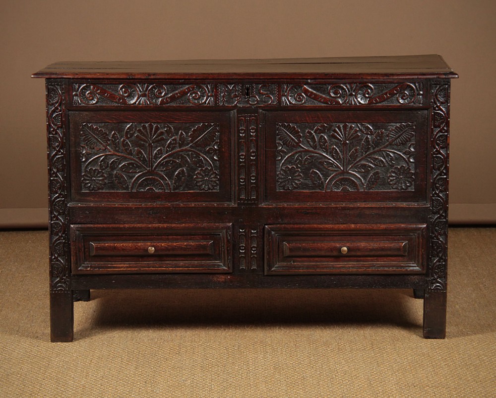 Early 18th.c. Carved Oak Mule Chest dated 1702.