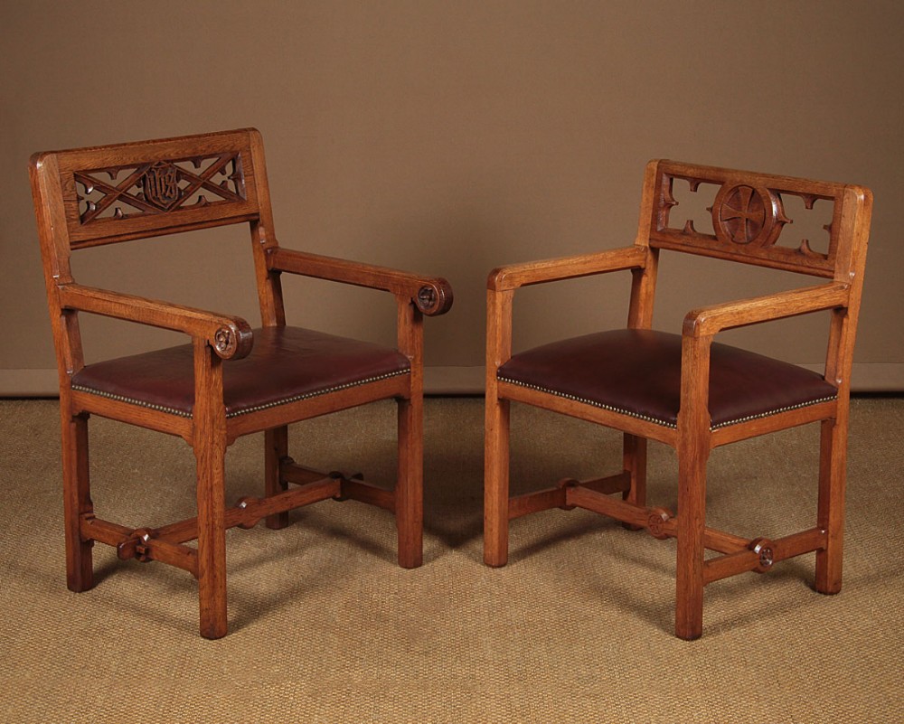 Two Gothic Oak Armchairs c.1930.