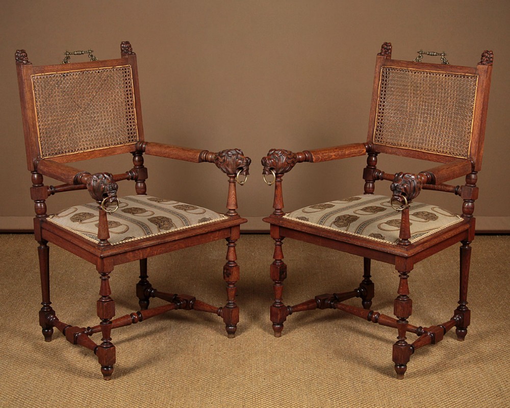 Pair of Oak Armchairs with Lion Heads c.1890.