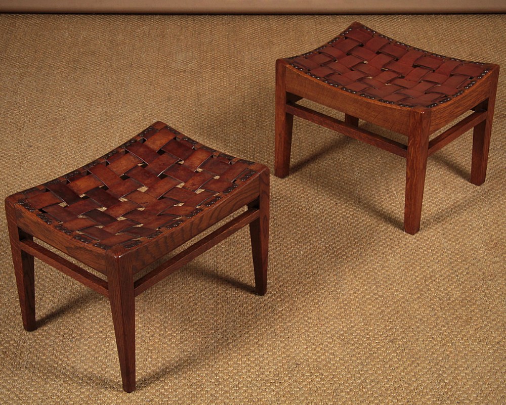 Two Arthur Simpson of Kendal Arts & Crafts Leather Stools c.1920