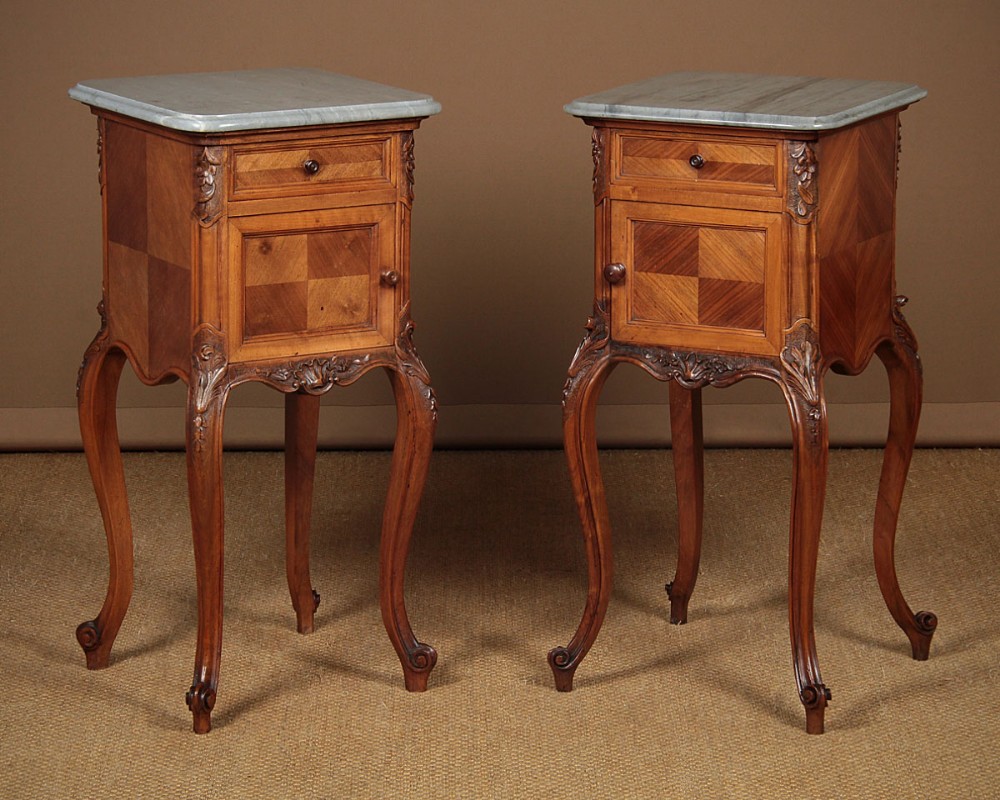 Pair of Walnut & Marble Top Bedside Cabinets c.1900.