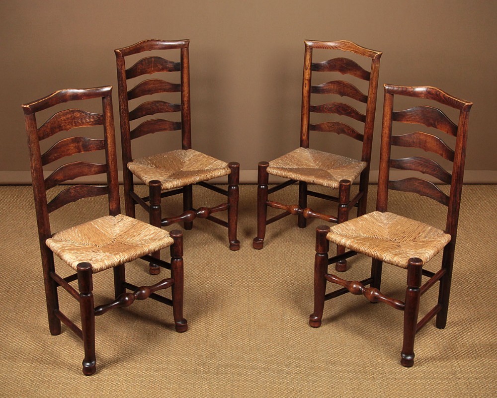 Four Georgian Oak Ladderback Dining Chairs c.1790.