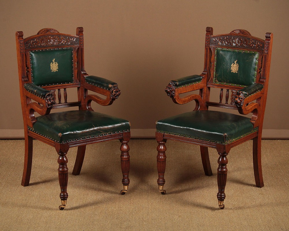 Pair of Large Oak & Leather Armchairs c.1880