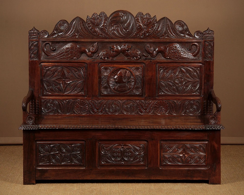 Carved Oak Box Settle c.1900