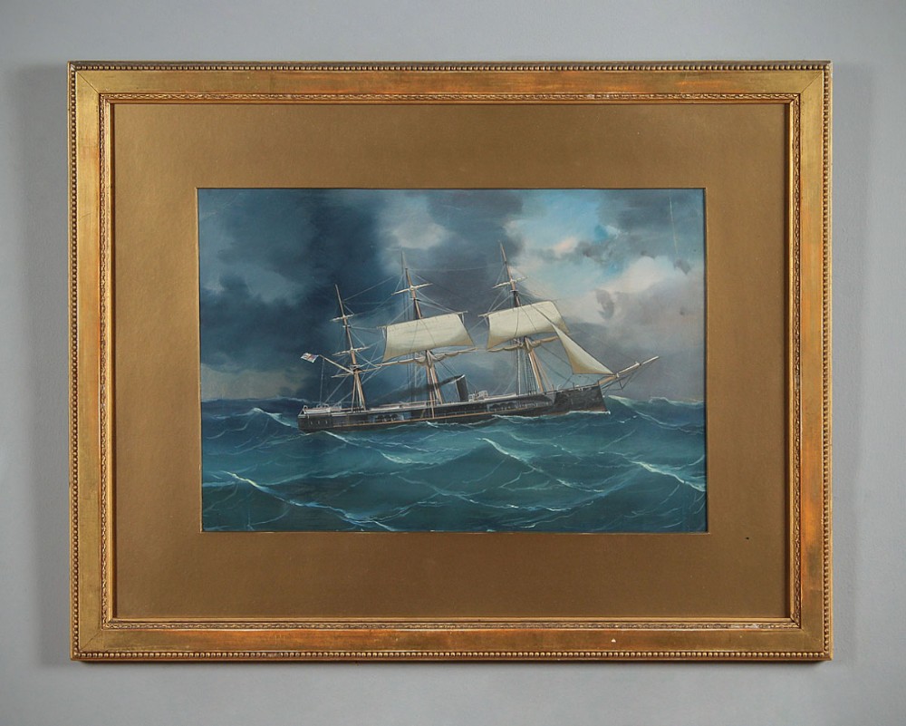 Painting of a 19th.c. Royal Navy Steam Frigate c.1930