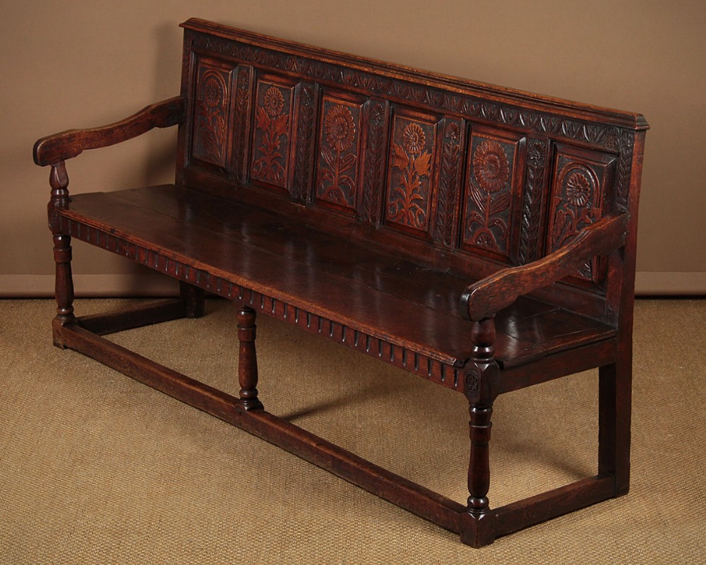Long Carved Oak Settle c.1890