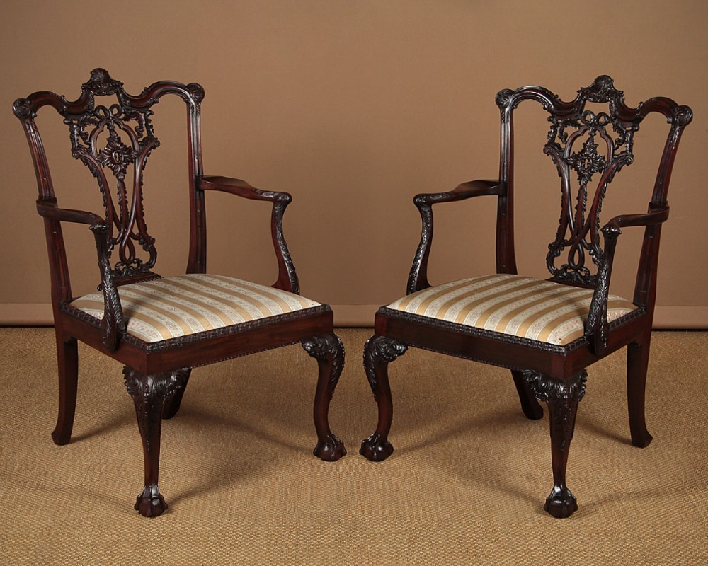 Pair Late 19th.c Chippendale Style Armchairs c.1880.