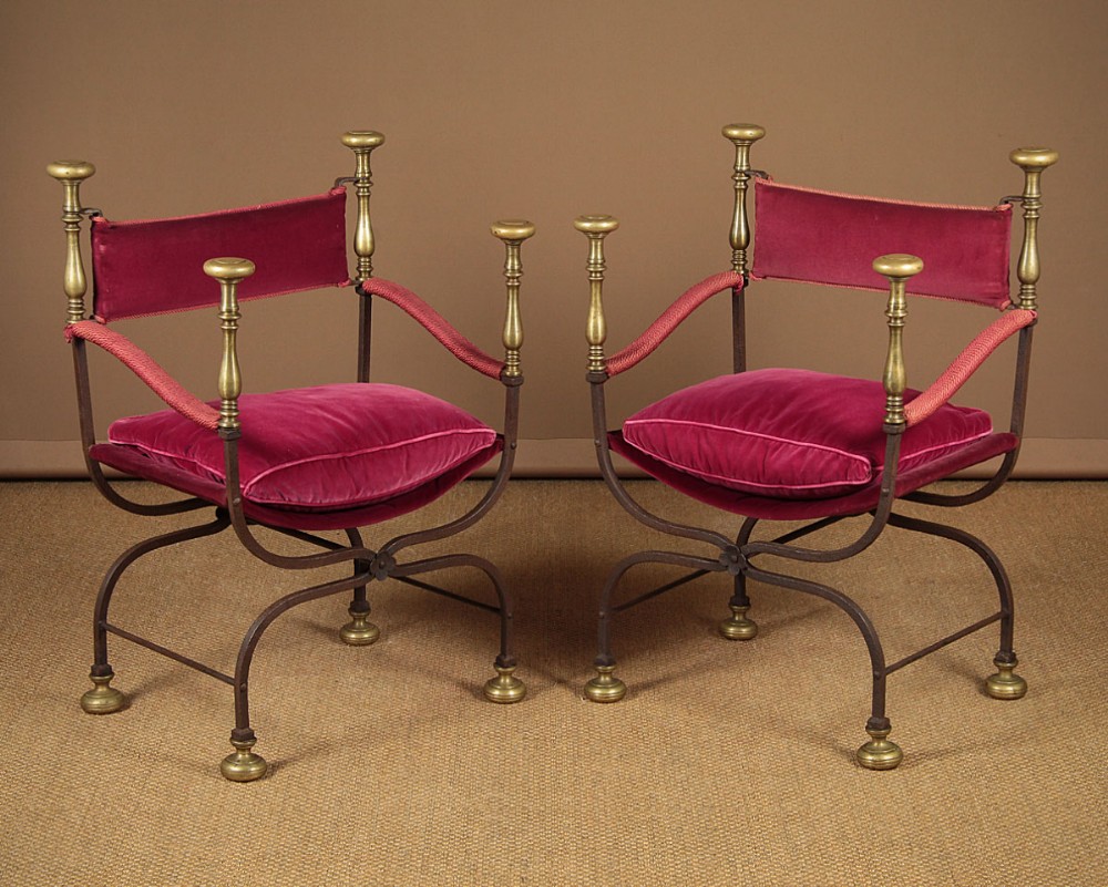 Pair 19th.c. Brass & Iron Savonarola Style Armchairs c.1890.