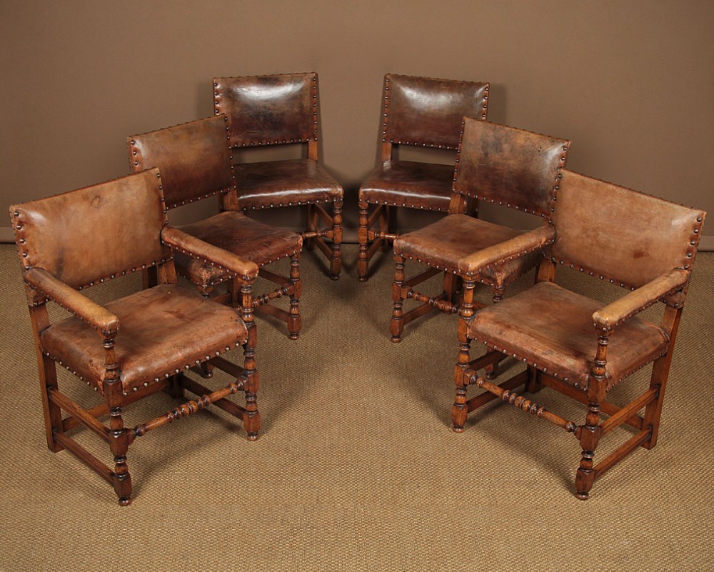 Six Oak & Leather Dining Chairs c.1930