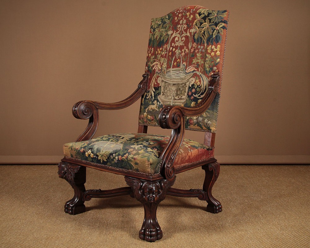 Large Tapestry Armchair Carved with Angels c.1900
