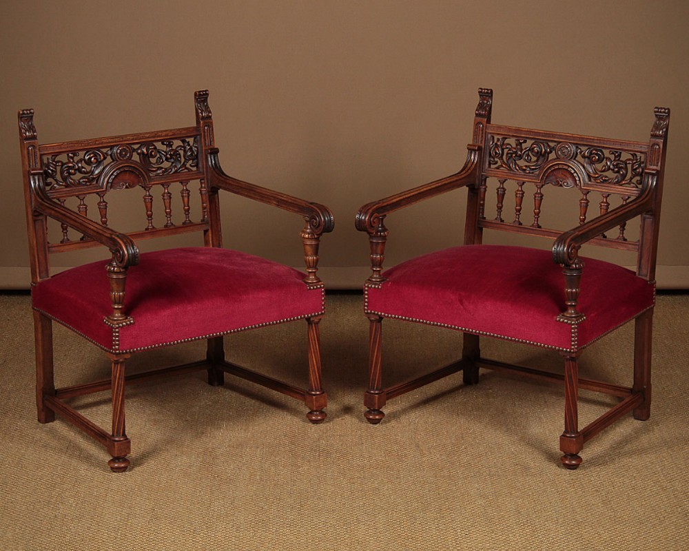 Pair of Carved Walnut Armchairs c.1880