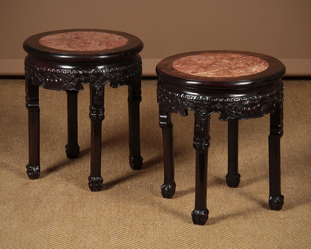 Pair of Low Chinese Marble Top Side Tables c.1900.