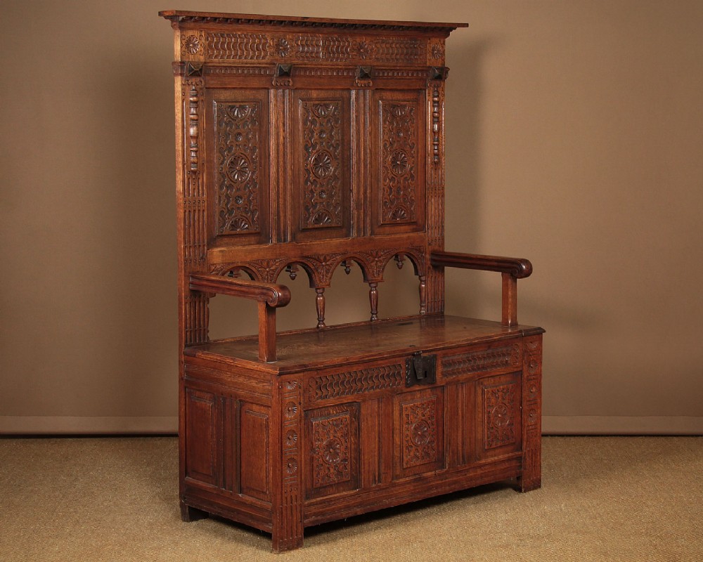 Carved Oak Box Settle c.1890.