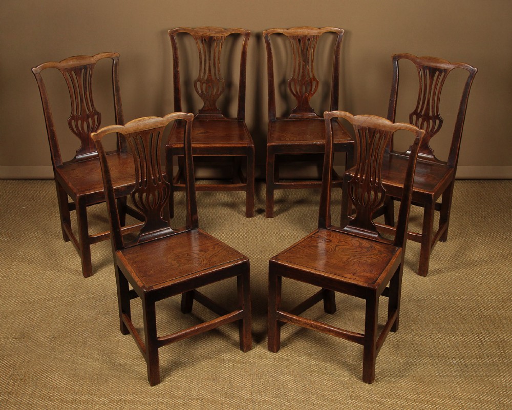 Set of Six Elm Country Chippendale Dining Chairs c.1800