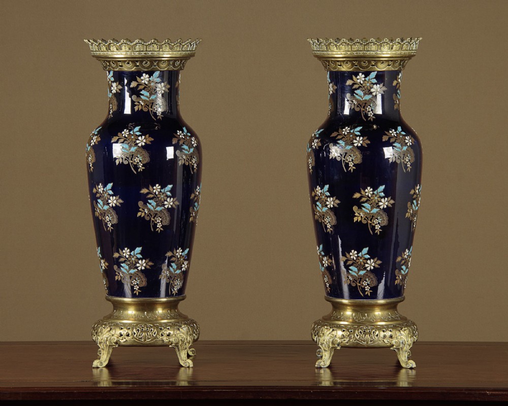 Pair of Large Brass Mounted Vases by Gien c.1900.