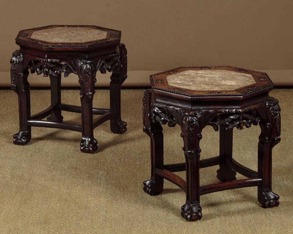 Pair of Chinese Marble Top Urn Stands or Side Tables c.1890.