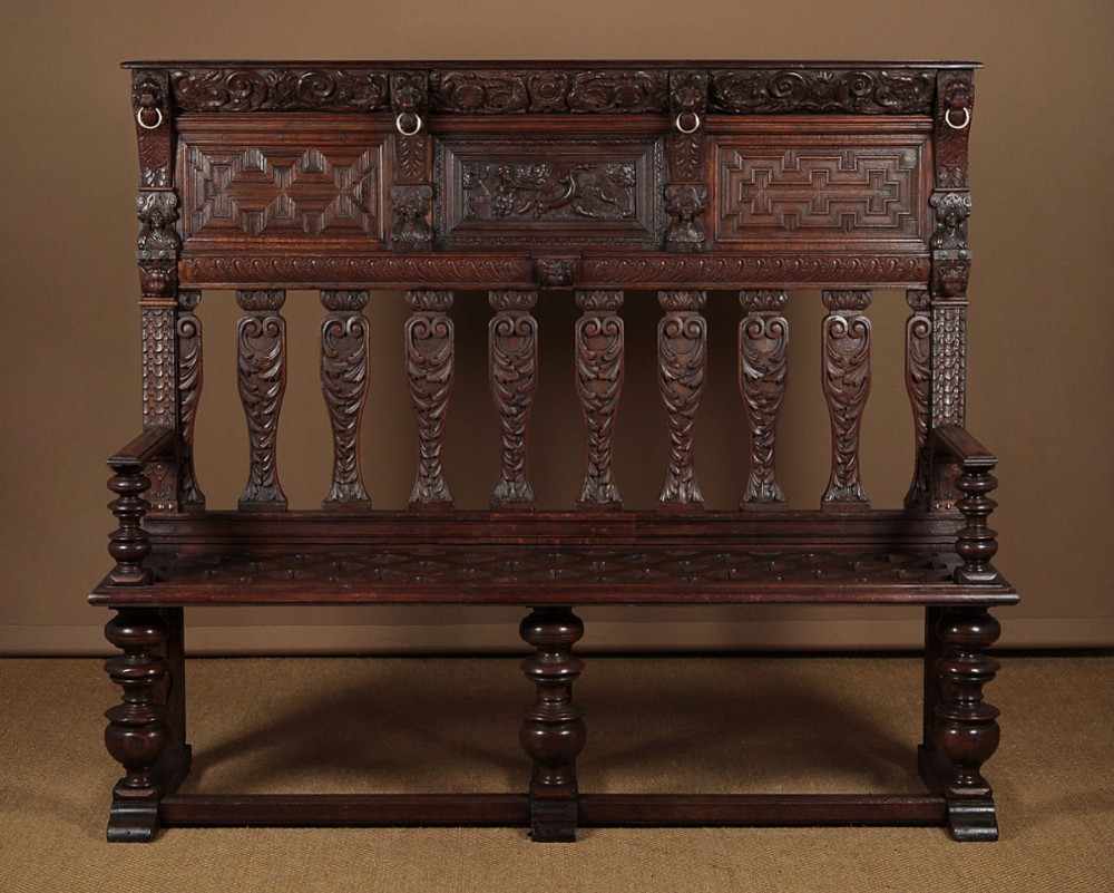 Large Carved Oak Hall Bench c.1880.