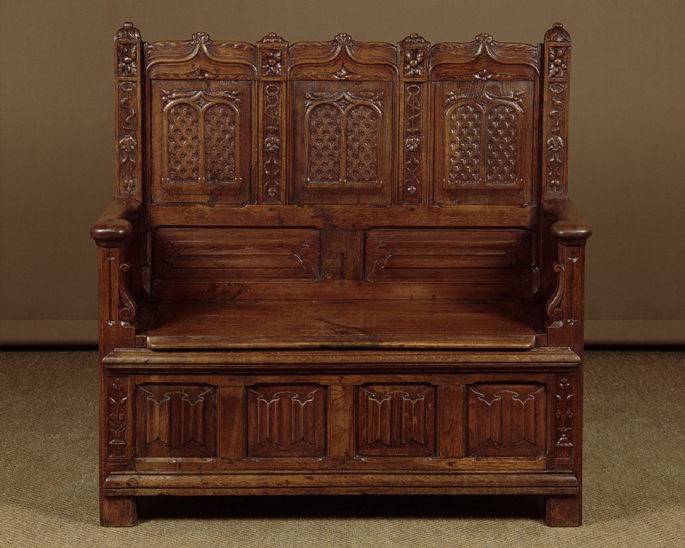 Gothic Carved Oak Box Settle c.1910.