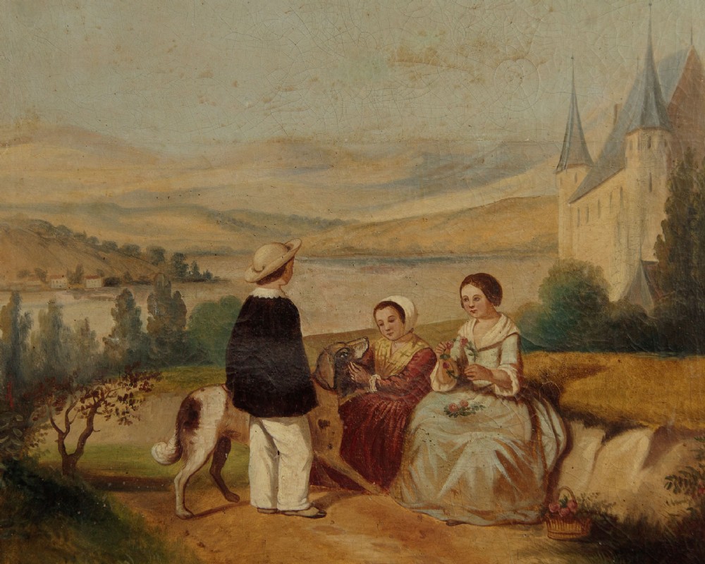 Oil Painting of Children & Dog c.1870