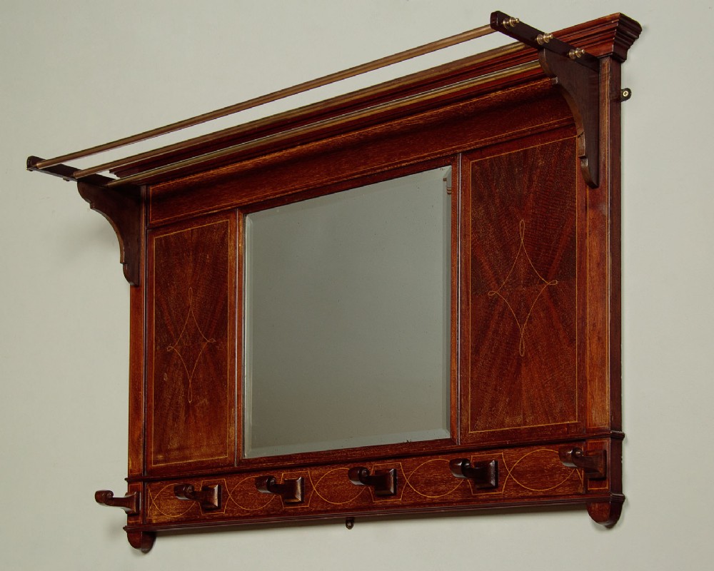 Mahogany Hall Mirror & Hat Rack with Hooks c.1910